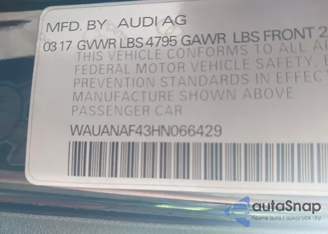 2017 Audi A4 2.0T Premium z USA, uszkodzony, nr VIN WAUANAF43HN066429